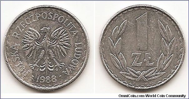 1 Zloty
Y#49.2
2.2000 g., Aluminum, 25 mm. Obv: Eagle with wings open Rev:
Value within wreath Edge: Reeded