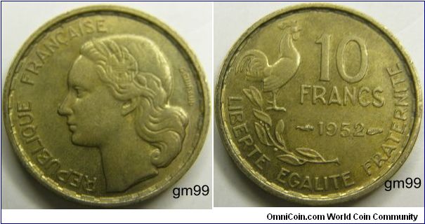 10 Francs (Aluminum-Bronze) : 1950-1959
Obverse: Liberty left with flower in hair,
REPUBLIQUE FRANCAISE G GUIRAUD behind neck
Reverse: Rooster and stalk to left of value and date,
10 FRANCS date LIBERTE EGALITE FRATERNITE