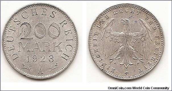 200 Mark - 
Weimar Republic -
KM#35
1.0000 g., Aluminum, 23 mm. Obv: Denomination above date
Rev: Imperial eagle