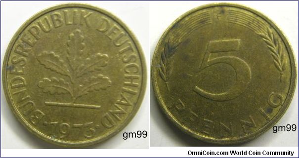 5 Pfennig (Copper Plated Steel) 
Obverse: Plant with 5 leaves,
BUNDESREPUBLIK DEUTSCHLAND date
Reverse: Stalks either side of value,
 5 PFENNIG