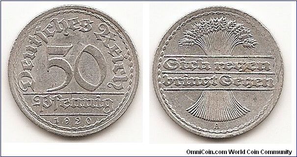 50 Pfennig - 
Weimar Republic -
KM#27
Aluminum, 23 mm. Obv: Denomination above date Rev: Sheaf
behind inscription