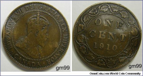 Crowned head of King Edward VII right,
EDWARDVS VII DEI GRATIA REX IMPERATOR CANADA
Reverse: Legend within wreath,
 ONE CENT date