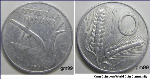 10 Lire (Aluminum)Obverse: Plough,
REPVBBLICA ITALIANA date
Reverse: Two wheat ears,
10