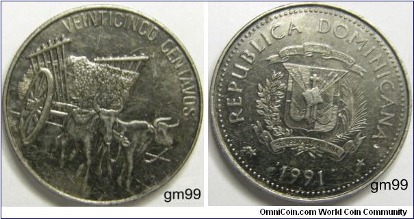 25 Centavos -Obverse: Ox Cart (1989,1991) Reverse:no beaded circle