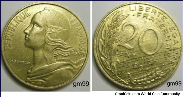 20 Centimes (Aluminum-Bronze) Obverse; Liberty right,
REPUBLIQUE FRANCAISE
Revers; Stalk and wheat ear,
LIBERTE EGALITE FRATERNITE 20 CENTIMES date