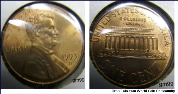 LINCOLN CENTS, MEMORIAL REVERSE. 1993D