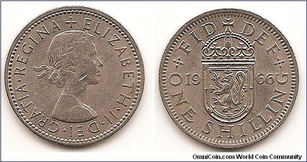 1 Shilling
KM#905
5.6000 g., Copper-Nickel, 23.5 mm. Ruler: Elizabeth II Obv:
Laureate bust right Rev: Crowned Scottish shield divides date