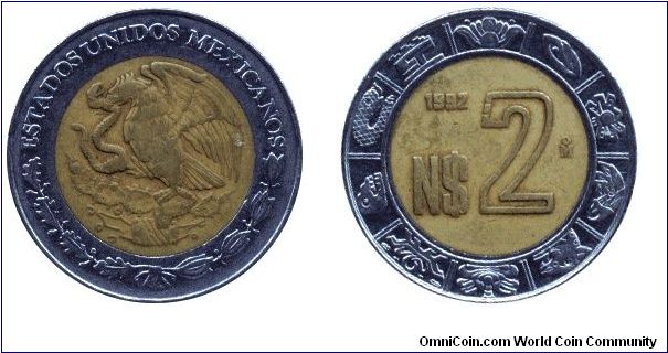 Mexico, 2 new pesos, 1992, Steel-Al-Bronze, bi-metallic.                                                                                                                                                                                                                                                                                                                                                                                                                                                            