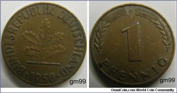 1 Pfennig (Copper Plated Steel) : 1950-2001
Obverse: Plant with 5 leaves,
BUNDESREPUBLIK DEUTSCHLAND date
Reverse: Stalks either side of value,
1 PFENNIG