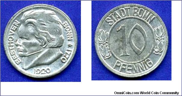 10 pfennig.
Bonn.
`Beethoven notgeld`.



Zn-Al.