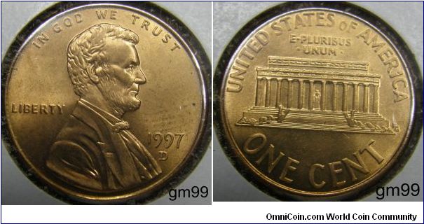 LINCOLN CENTS, MEMORIAL REVERSE,1997D
