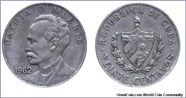 Cuba, 20 centavos, 1962, Cu-Ni, Jose Marti.                                                                                                                                                                                                                                                                                                                                                                                                                                                                         