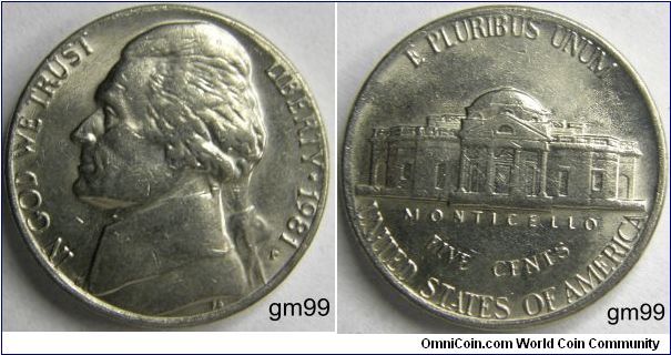 Thomas Jefferson Five Cents, Nickel, 1981P