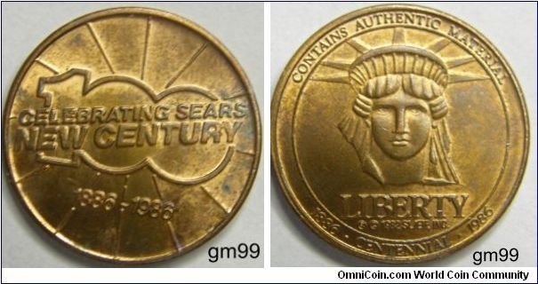 Sears Celebrating New Century, 1886-1986, Liberty  Metal or Token
