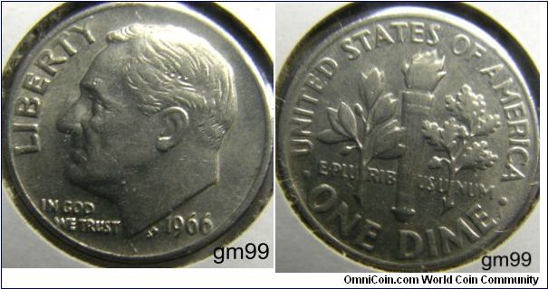ROOSEVELT DIMES,1966,Mintmark: None (for Philadelphia, PA) just to the left of the base of the torch on the reverse