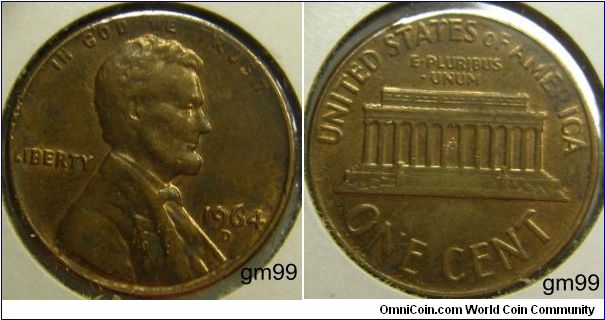 LINCOLN CENT, MEMORIAL REVERSE Mintmark: D (for Denver, CO) below the date 1964D
