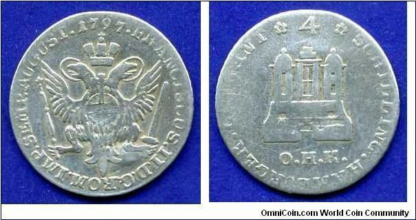 4 shillings (1/12 Thaler).
Free Imperial city Hamburg.
Holy Roman empire.
Francisc II (1792-1806).
'.H.K' - mintmaster Otto Henrich Knorre 1761-1805.


Ag.