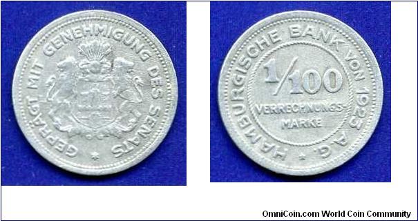 1/100 verrechnungmarke.
Hamburg notgeld.
Mintage 9,128,000 units.


Al.