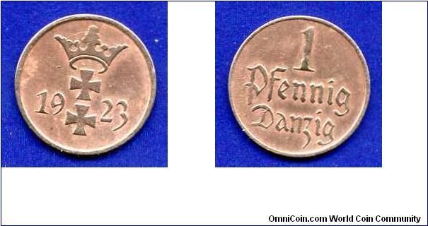 1 pfennig.
Free stadt Danzig.
Under the auspices of the League of Nations.
Mintage 4,000,000 units.


Br.