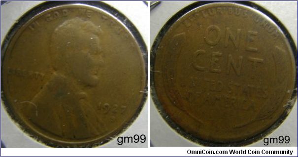 1927S LINCOLN/WHEAT PENNY,Mintmark: S (for San Francisco, CA) below the date,
Mintage:
Circulation strikes: 14,276,000 
Proofs: 0