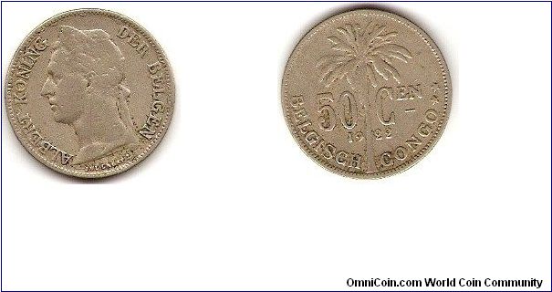 Belgian Congo
50 centimes
Albert I
Flemish version