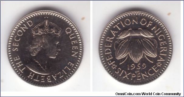 KM-4, 1959 Nigeria 6 pence in proof, reeded edge