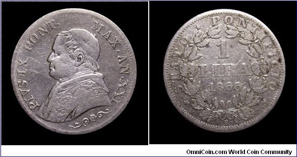Papal States - Pius IX - 1 Lira (Medium bust) - Silver