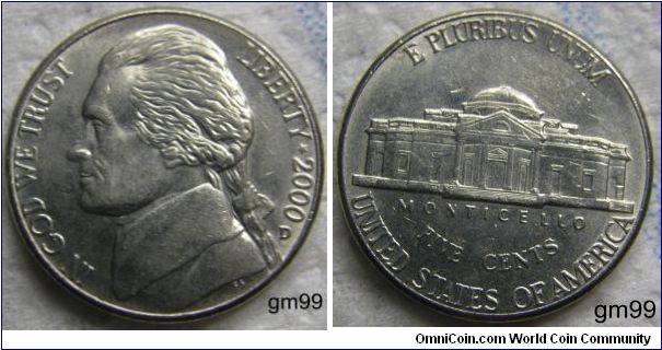 Circulation strikes: 168,480,000 (through January 2000)
Proofs: 0,THOMAS JEFFERSON NICKEL,2000D,Mintmark: Small D (for Denver, Colorado) below the date on the lower right obverse