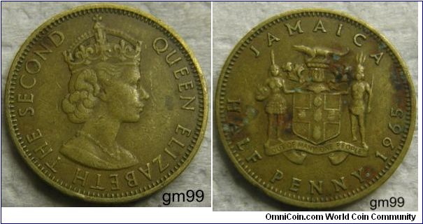 QUEEN ELIZABETH II, JAMAICA, HALF PENNY, 1965