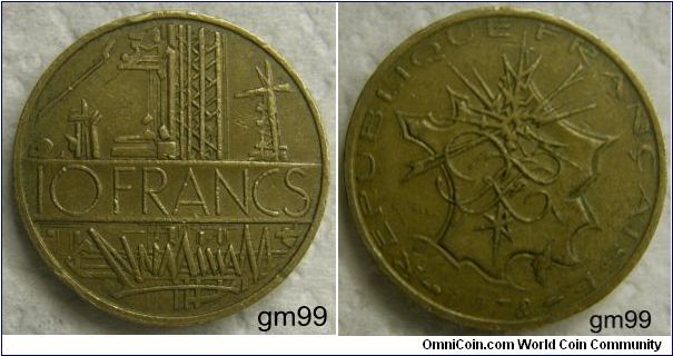 10 Francs,OBVERSE:
Industrial scene with value across,
 10 FRANCS. REVERSE:Outline of France behind monogram,
REPUBLIQUE FRANCAISE date