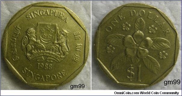 ONE DOLLAR,OBVERSE: Arms, 5 stars in circle above crescent on shield, a lion on left and tiger on right, below motto MAJILAH SINGAPURA, REVERSE ONE DOLLAR, FLOWER, $1