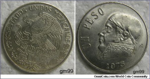 SHORT WIDE DATE.1 Peso OBVERSE: Eagle standing left on cactus, snake in beak, ESTADOS UNIDOS MEXICANOS REVERSE: Jose Morelos y Pavon wearing kerchief on head left, UN PESO date