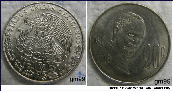 20 CENTAVOS.OBVERSE: Eagle standing left on cactus, snake in beak, ESTADOS UNIDOS MEXICANOS REVERSE: Bearded bust of Francisco Madero right,
 Mo date 20 C