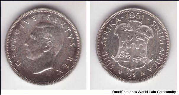 KM-38.2, South Africa 1951 2 shillings in proof condition, mintage 2,000