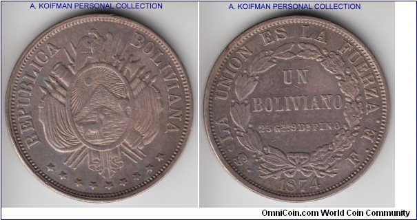 KM-160.1, 1874 Bolivia boliviano; silver, reeded edge; good extra fine to about uncirculated, gunmetal toning (artificial?), overall sharp coin with very few marks.
