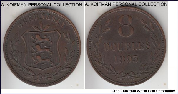KM-7, 1893 Guernsey 8 doubles, Heaton mint (H mint mark); bronze, plain edge; smaller mintage date, small date and denomination lettering variety, good very fine to extra fine.