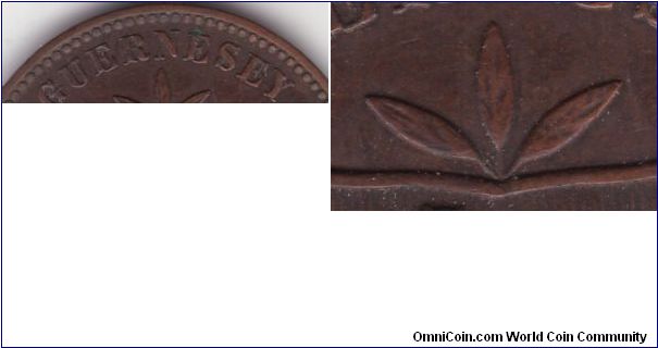 Obverse details of the 1893 8 doubles, most of letters in Guernsey are missing the base creating unusual script appearance; leaf stems on the top appear as three separate ones but starting very closel to each other.