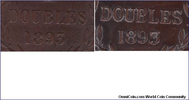 1893 8 doubles varieties of the small(left) and large (right) denomination and date lettering; quite contrast because of the white dirty background of the large variety and most obvious on 3.