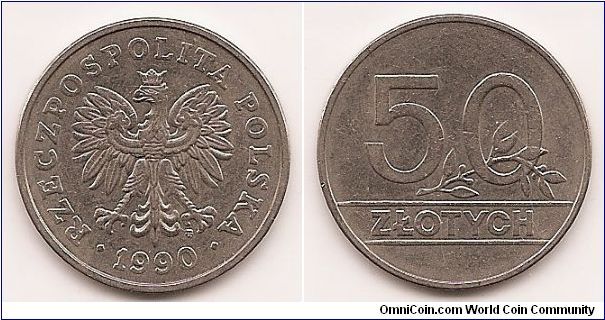 50 Zlotych
Y#216
6.8000 g., Copper-Nickel, 26 mm. Obv: Crowned eagle with
wings open, date below Rev: Value with sprig in 0