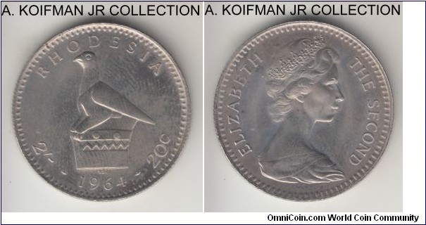 KM-3, 1964 Rhodesia 20 cents (2 shillings); proof, copper-nickel, reeded edge; Elizabeth II, transitional coinage, one year type, mintage 2,060 in proof sets, toned proof in original SAM mint set of issue.