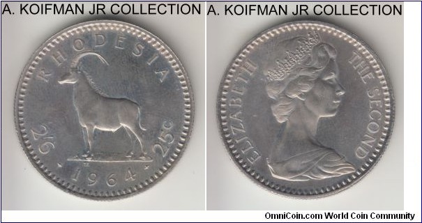 KM-4, 1964 Rhodesia 25 cents (2 1/2 shillings); proof, copper-nickel, reeded edge; Elizabeth II, transitional coinage, one year type, mintage 2,060 in proof sets, toned proof in original SAM mint set of issue.