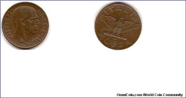 5 centesimi bronze
Victor Emanuel III
Year XVI (16): means 16th year of fascist takeover by Benito Mussolini