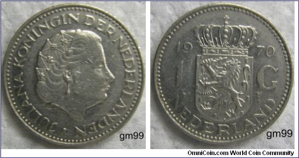 1 Gulden (Nickel) : 1967-1980
Obverse: Queen Juliana right,
 JULIANA KONINGIN DER NEDERLANDEN
Reverse: Crowned arms, Lion rampant left holding sword,
 date 1 G NEDERLAND