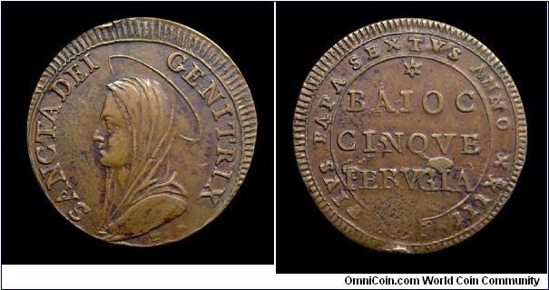 Papal States - Pius VI - 5 Baiocchi - Perugia Mint - Mm. 30,5 - Copper