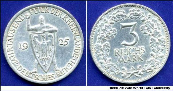 3 reichsmark.
Weimar's repubic.
Millenium of Reinland.
'A'- Berlin mint.
Mintage 3,052,000 units.


Ag500f. 15,0gr.