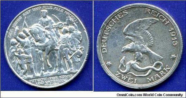 2 mark.
Prussia.
100th anniversary of The Battle of Peoples, Under Leipzig, 18 October, 1813.



Ag900f. 11,11gr.