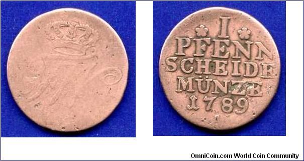 1 pfennig.
Prussia.
Friedrih Willhelm II (1786-1797).


Cu.