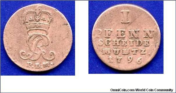 1 pfennig.
Hannover.
Georg III (1760-1820) king of Brit. Irel. & Hannover.



Cu.