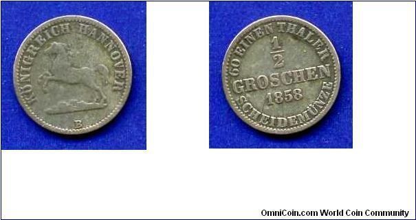 1/2 groschen.
Hannover.
George V (1851-1866).
(B) mintmark.


Ag220f. 1,09gr.