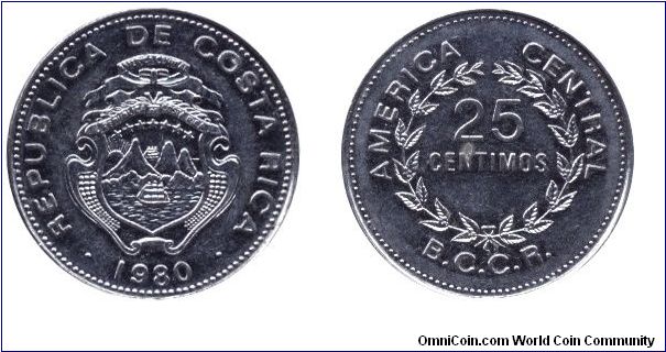 Costa Rica, 25 centimos, 1980, Ni-Steel, America Central.                                                                                                                                                                                                                                                                                                                                                                                                                                                           